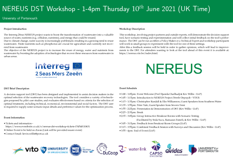 Workshop for demonstrating and gaining experience with the NEREUS Decision Support Tool: Resource Recovery from Wastewater
